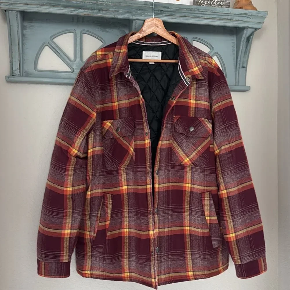 Sun & Stone Men's Plaid Flannel Shirt Shacket Burgundy Yellow Jacob Shirt Jacket